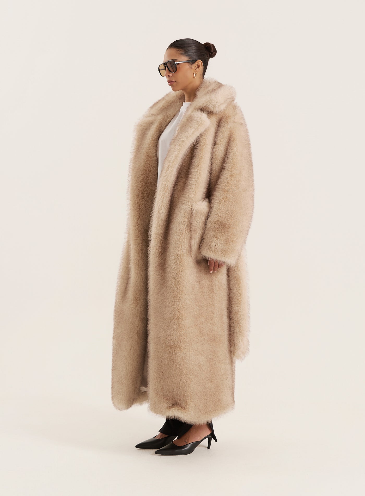 Beige Faux Fur Oversized Tie Waist Maxi Coat